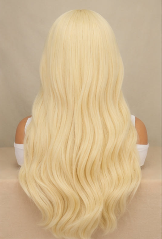 Long Wavy Platinum Blonde Wig with Bangs – Heat-Resistant Fiber