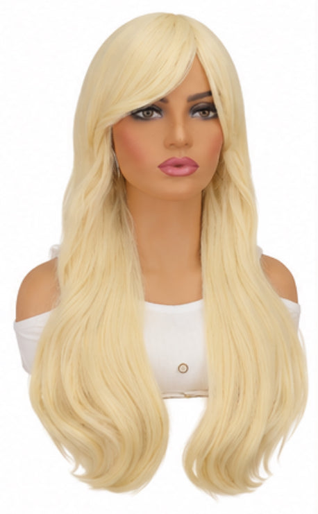 Long Wavy Platinum Blonde Wig with Bangs – Heat-Resistant Fiber