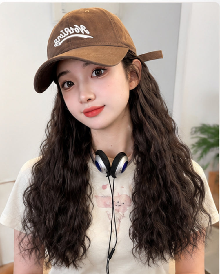 Women's Baseball Cap Wig with Long Wavy Hair
